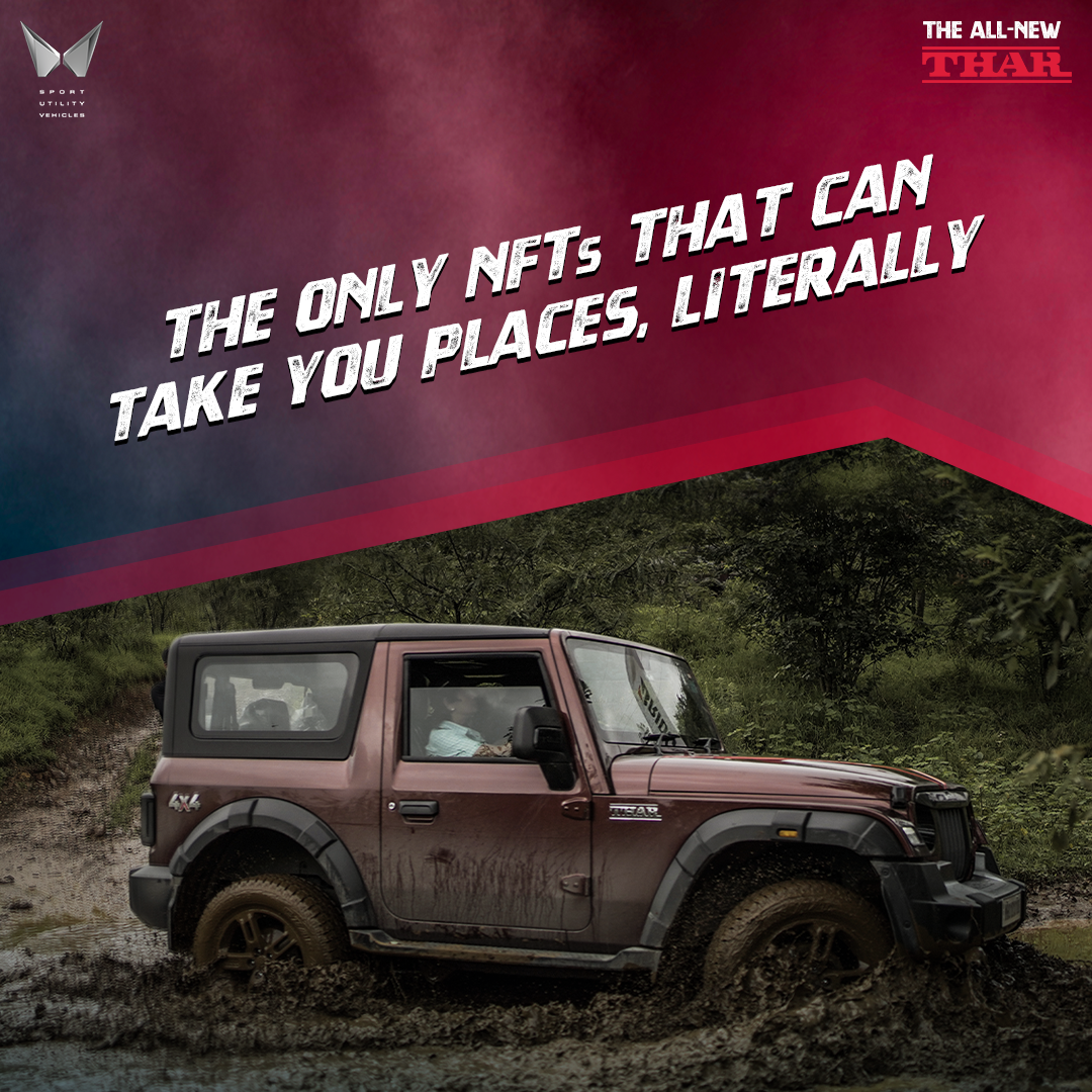 The first-ever Thar NFTs are not just tokens, they are your tickets to an adventure of a lifetime. First owners win a thrilling drive at one of Mahindra’s 4x4 tracks. Auction begins on 29th March at 11 a.m. Be an adventurer.
