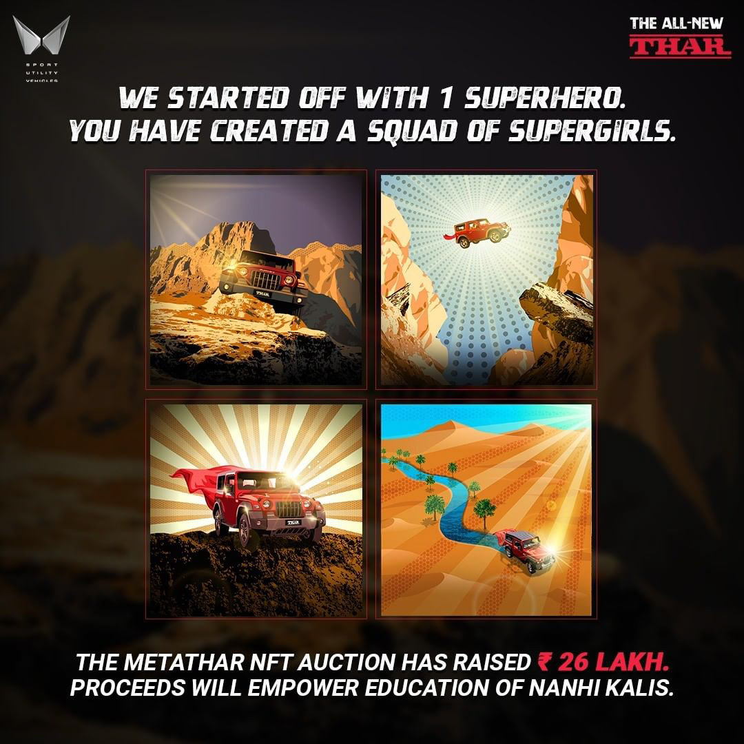An action-packed auction of the first-ever series of THAR NFTs has garnered high bids worth ₹ 26 lakh. Proceeds from the auction will be donated to @nanhikali empowering school education of underprivileged girls.