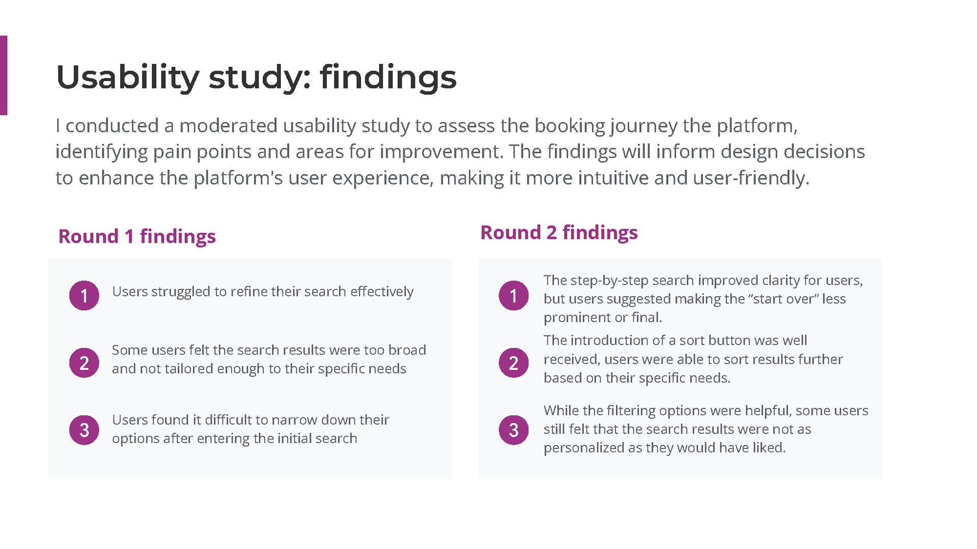 A summary of key findings from usability testing, including user pain points and areas for improvement