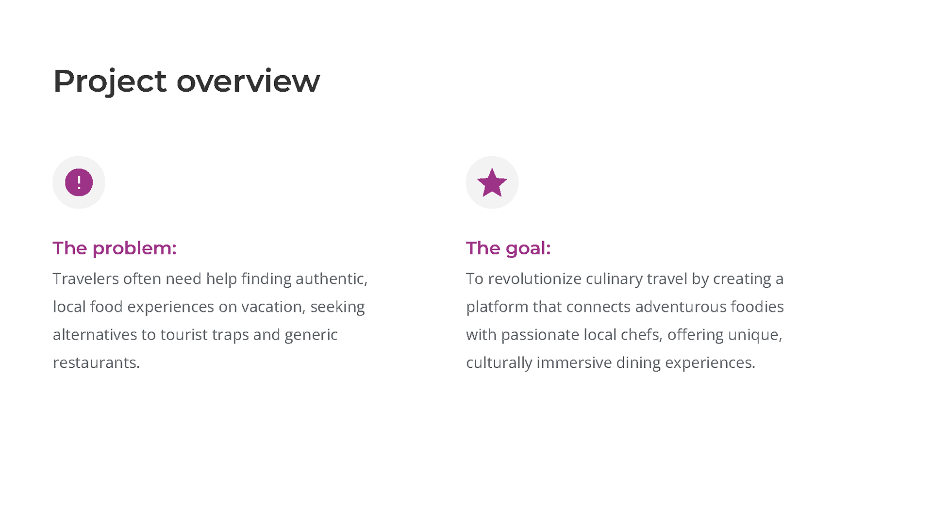 A slide outlining the problem of difficulty in finding authentic culinary experiences and the goal of creating a platform to connect travelers with local chefs