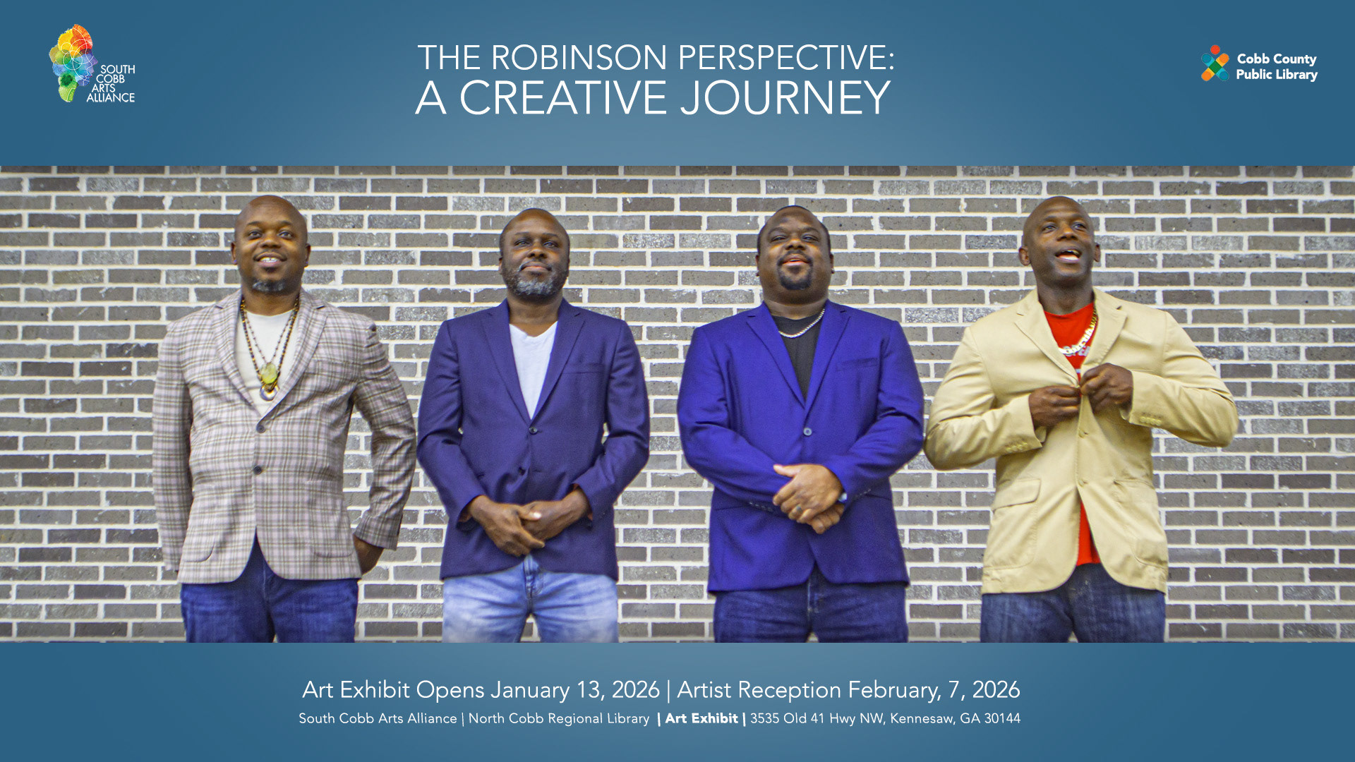 From L2R: Angelo Robinson, Mario DeBlak Robinson, Anthony Robinson, and Levar Robinson pose while promoting an upcoming Art Exhibit.