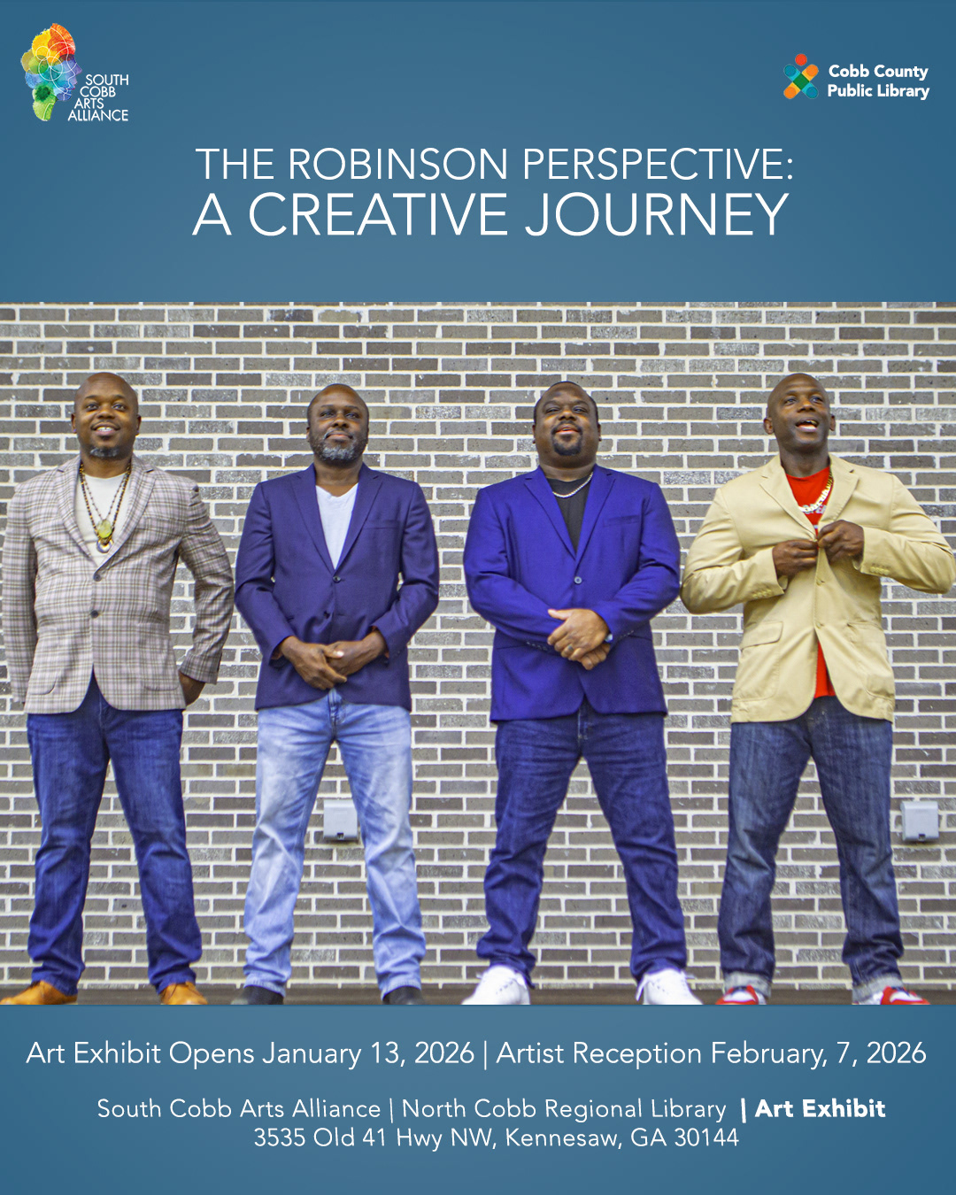 From L2R: Angelo Robinson, Mario DeBlak Robinson, Anthony Robinson, and Levar Robinson pose while promoting an upcoming Art Exhibit.