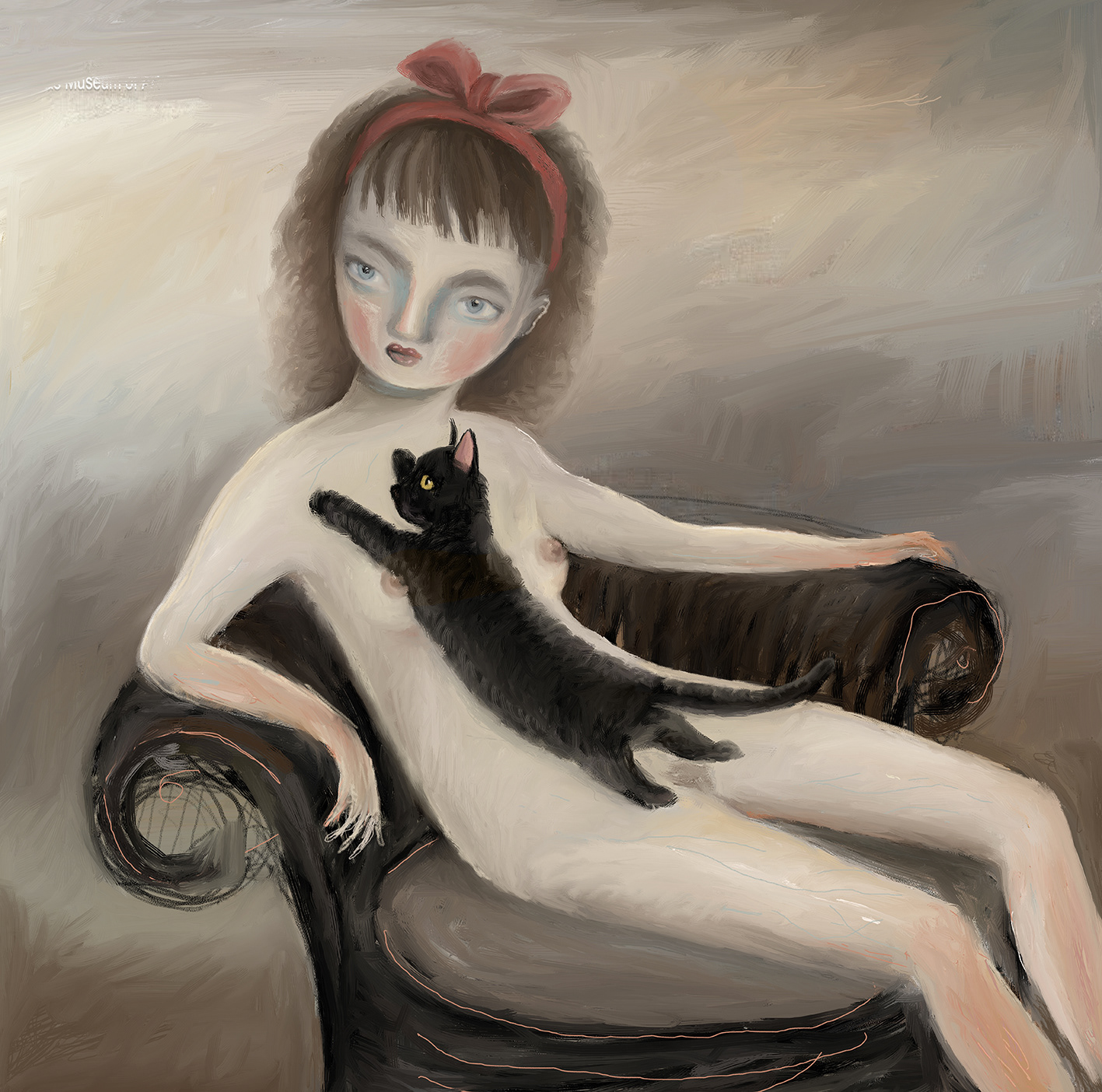 Nude and Black Cat 90x90cms Oil on painting