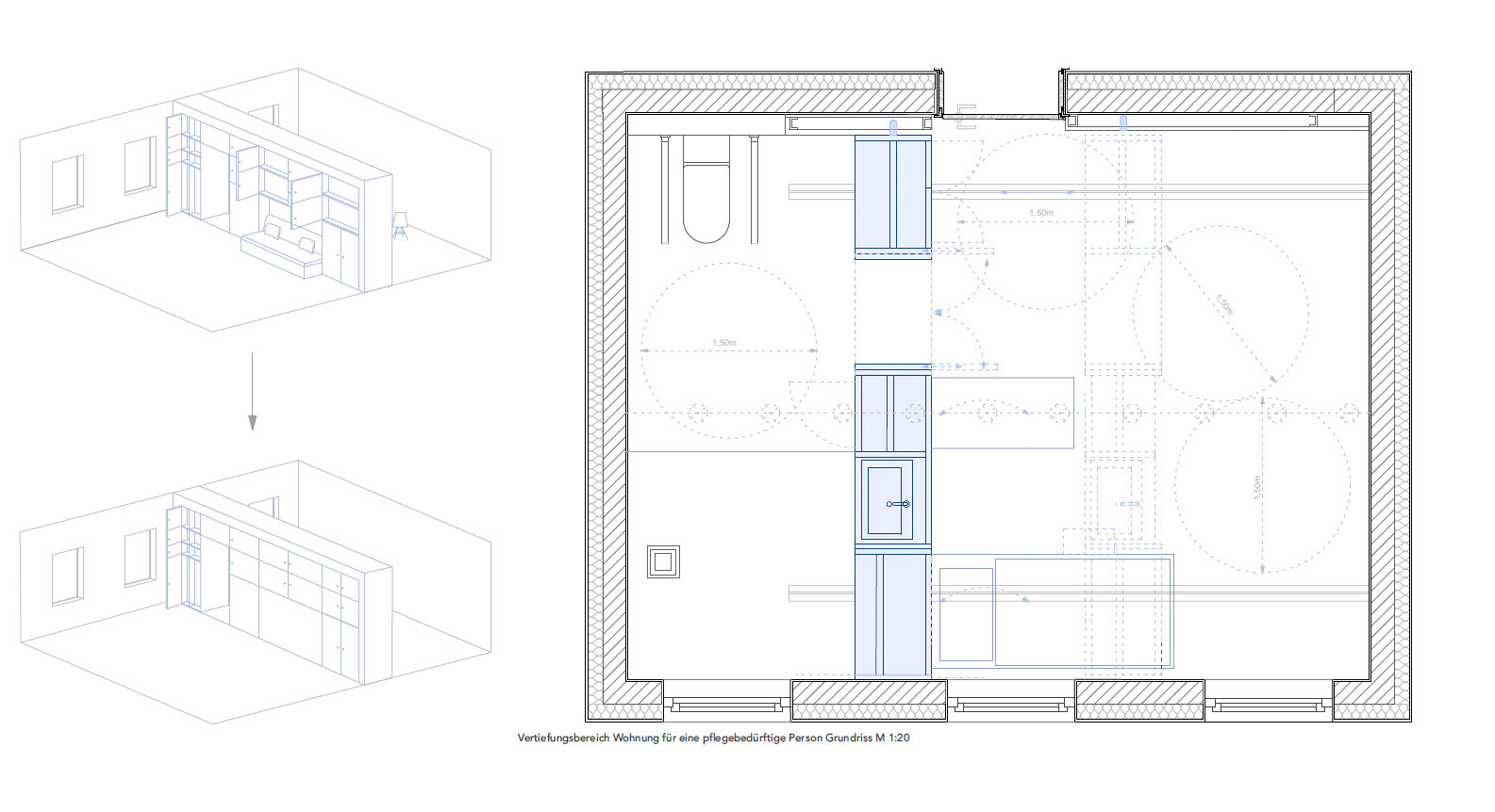 Vertiefung Wohnung für ein pflegebedürftige Person mit schiebbares Möbeln