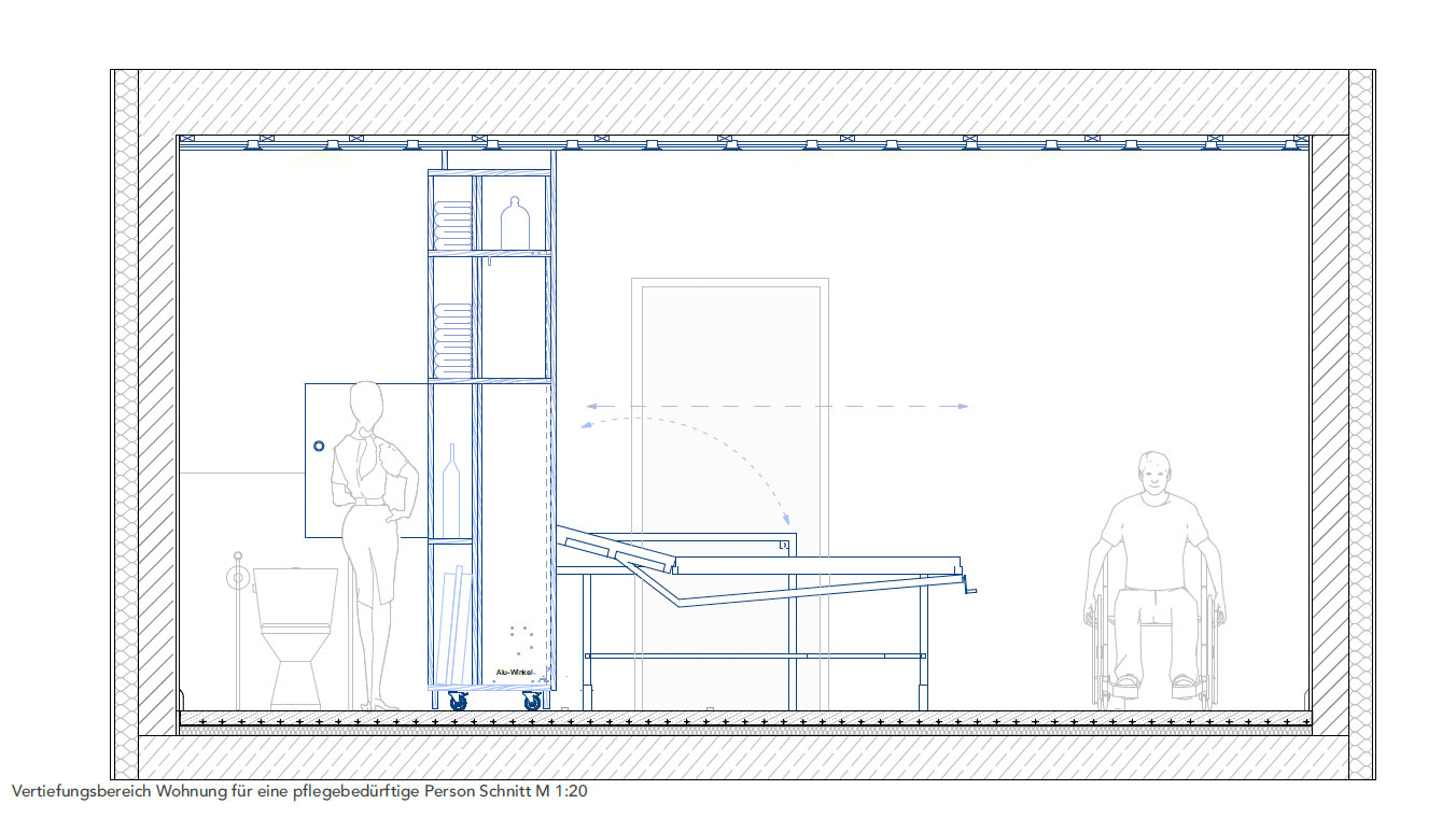Vertiefung Wohnung für ein pflegebedürftige Person mit schiebbares Möbeln (Schnitt)