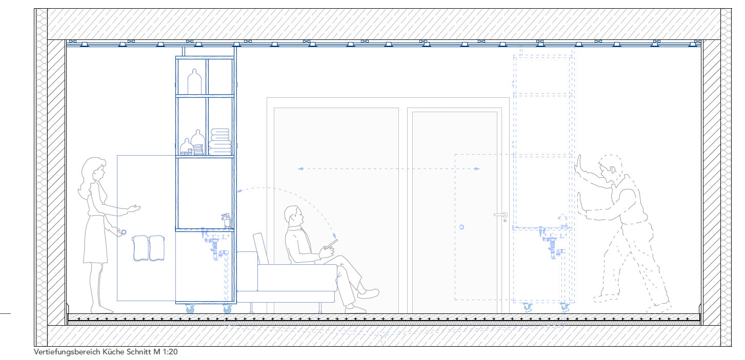 Vertiefung Küche mit schiebbares Möbeln (Schnitt)