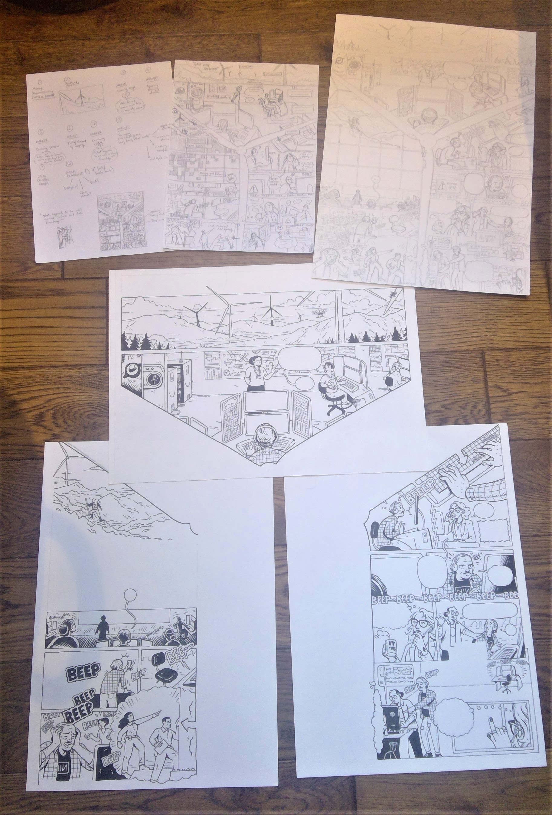 Development process with three separate A3 sheets merged together digitally.