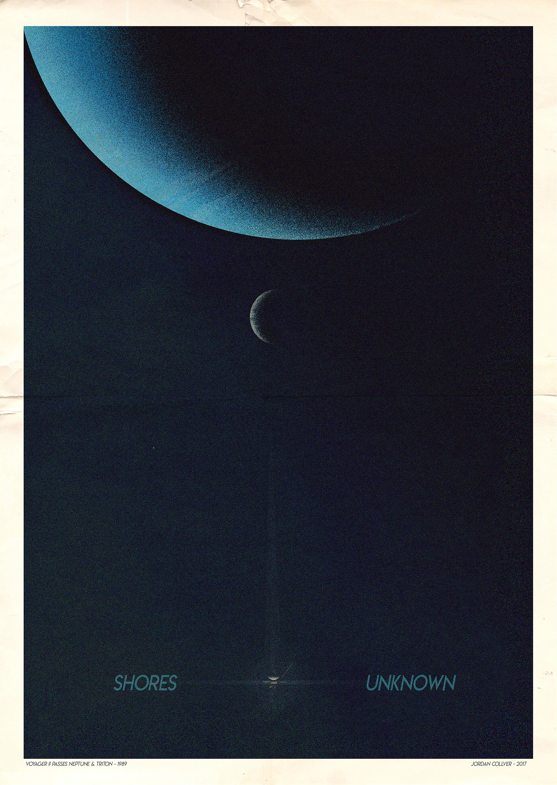 Poster based on photo taken by Voyager 2 probe as it passes Naptune & moon Triton in 1989
