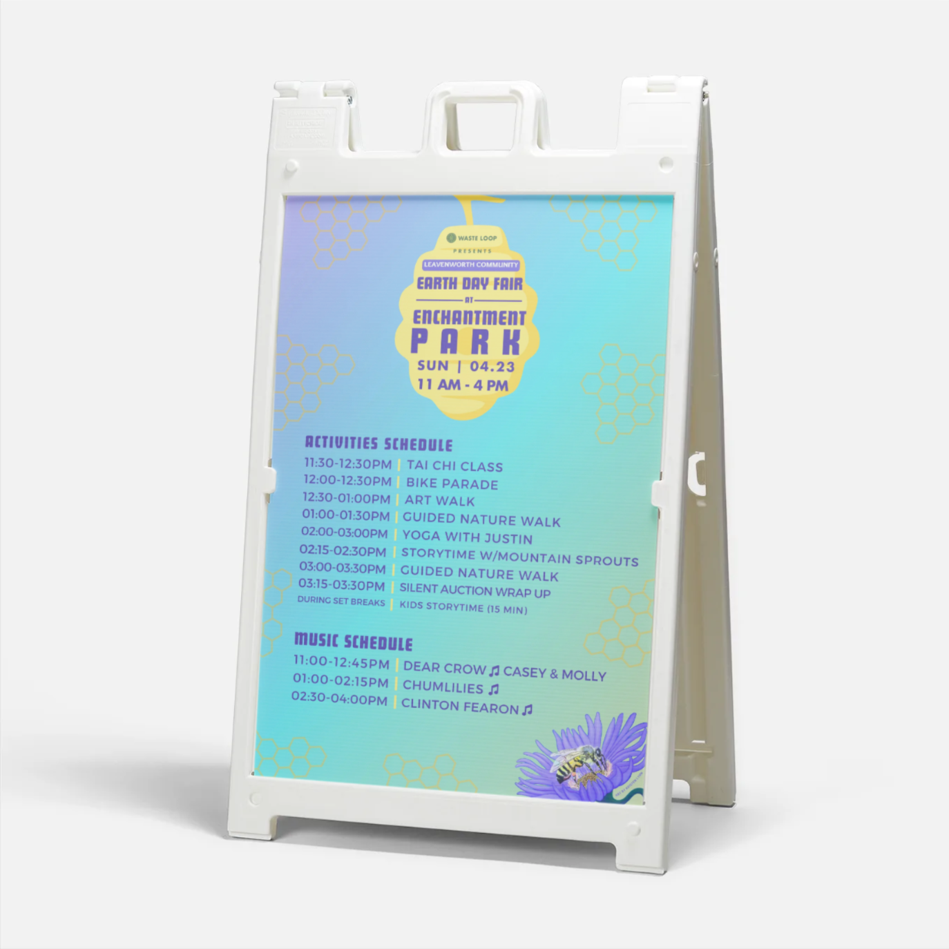 24 x 36 inch activities and music schedule featured near info booth