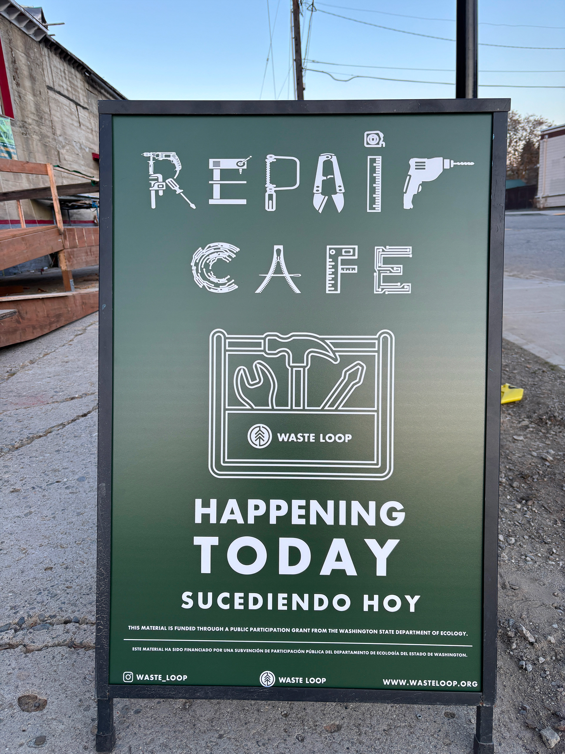 Here's the Repair Cafe Happening Today sign in action