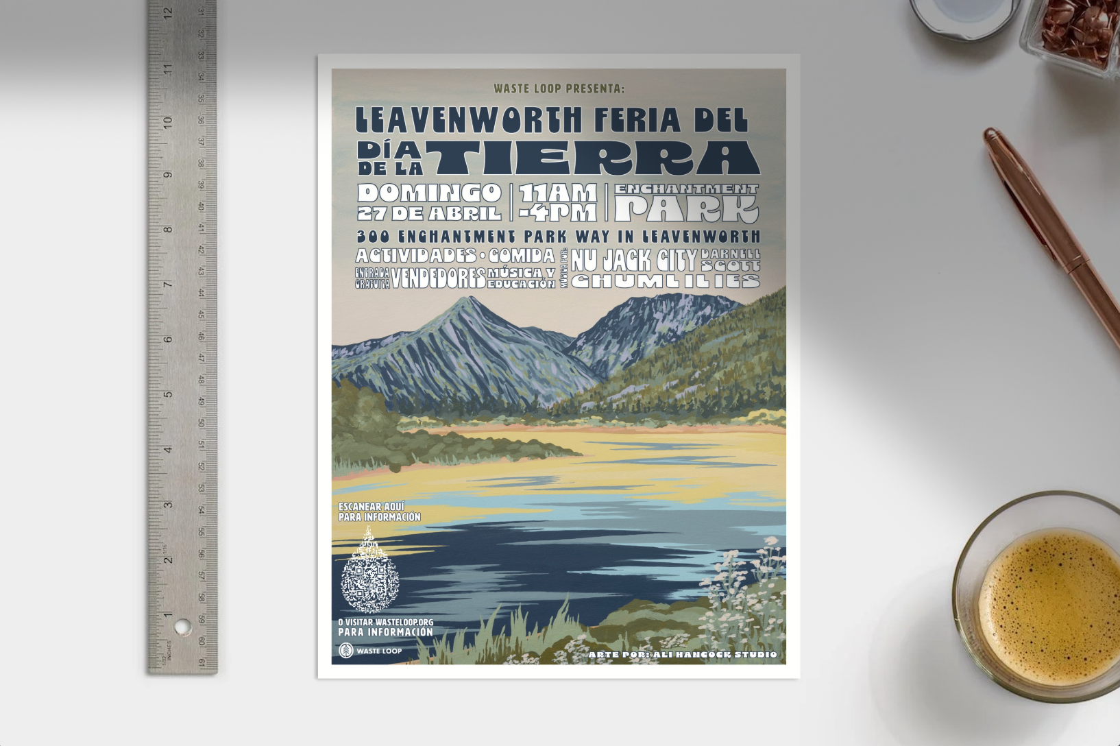 Collaborated with local artist for this 8.5 x 11 inch flyer, everything other than the artistic backdrop was done by me | Spanish version that was written into grant funding