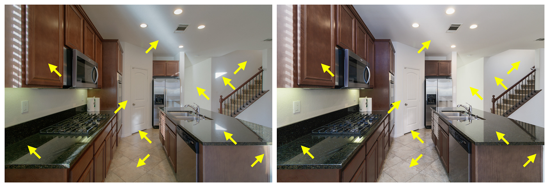 Side by side images of the same kitchen comparing HDR to Flambient photography. Arrows pointing to the cumulative issues between HDR and Flambient photography.