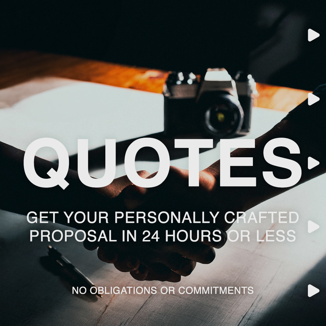 A wooden table with a camera and pen resting on it, while two people shake hands in the foreground. Overlay text reads: 'Quotes. Get your personally crafted proposal in 24 hours or less. No obligations or commitments.