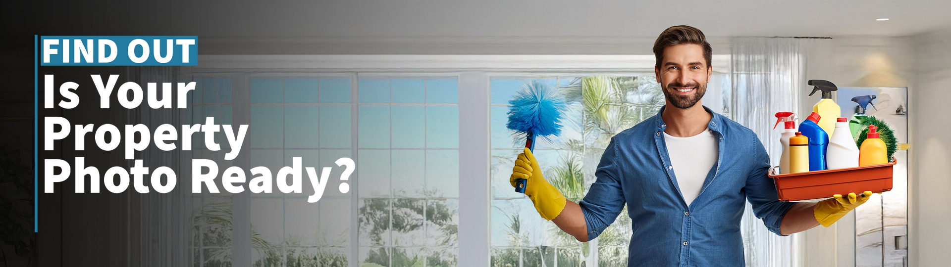 A man holding cleaning supplies in a home, preparing for a photoshoot. Overlay text reads: 'Find Out: Is your property photo ready?