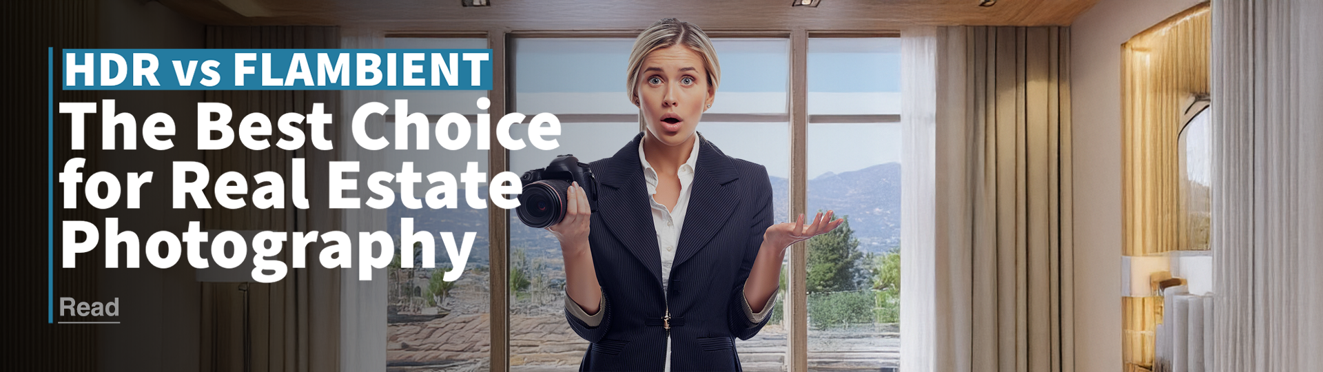 A woman holding a camera, shrugging, looking confused in a luxury Southern California home. Overlay text reads: HDR vs Flambient: The Best Choice for Real Estate Photography
