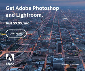 Advertisement for Adobe's Photography Plan, offering Photoshop and Lightroom for $9.99 per month, with a 'Join now' button.