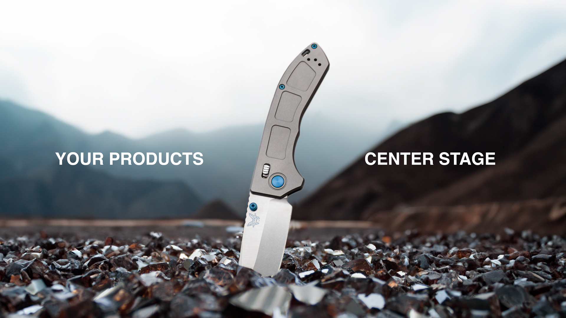 The Benchmade Narrows knife on a beach. Overlay text reads: Your Products, Center Stage.