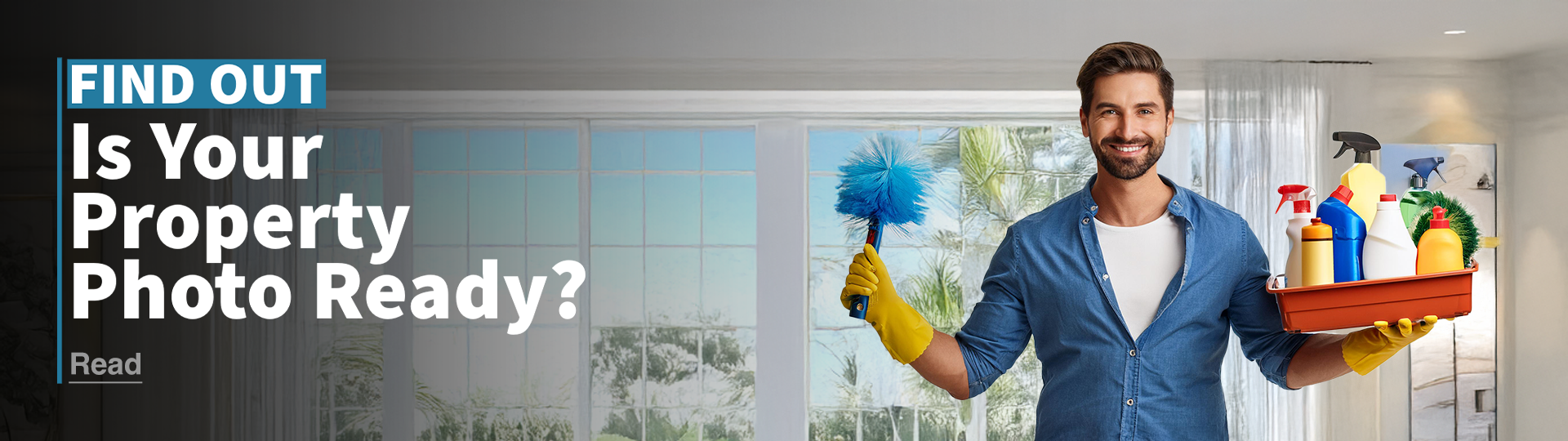 A man holding cleaning supplies in a home, preparing for a photoshoot. Overlay text reads: 'Find Out: Is your property photo ready?