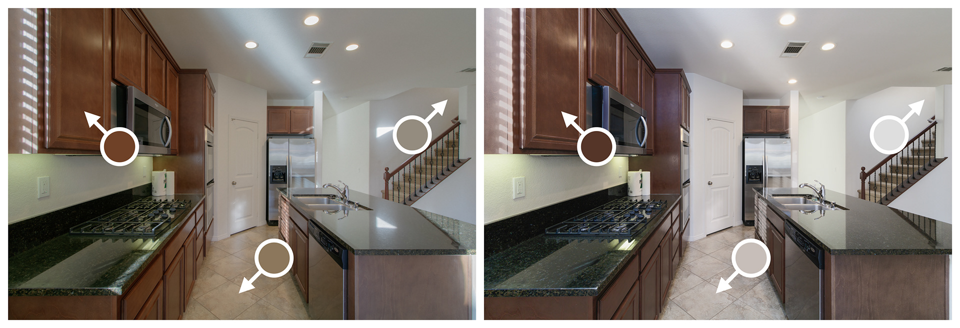 Side by side images of the same kitchen comparing HDR to Flambient photography. Arrows pointing to color accuracy issues.