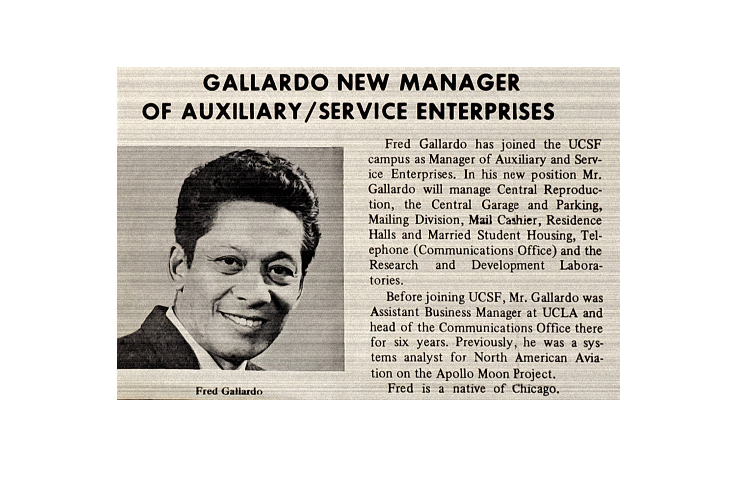 UCSF bulletin, 1972, Gallardo, new manager