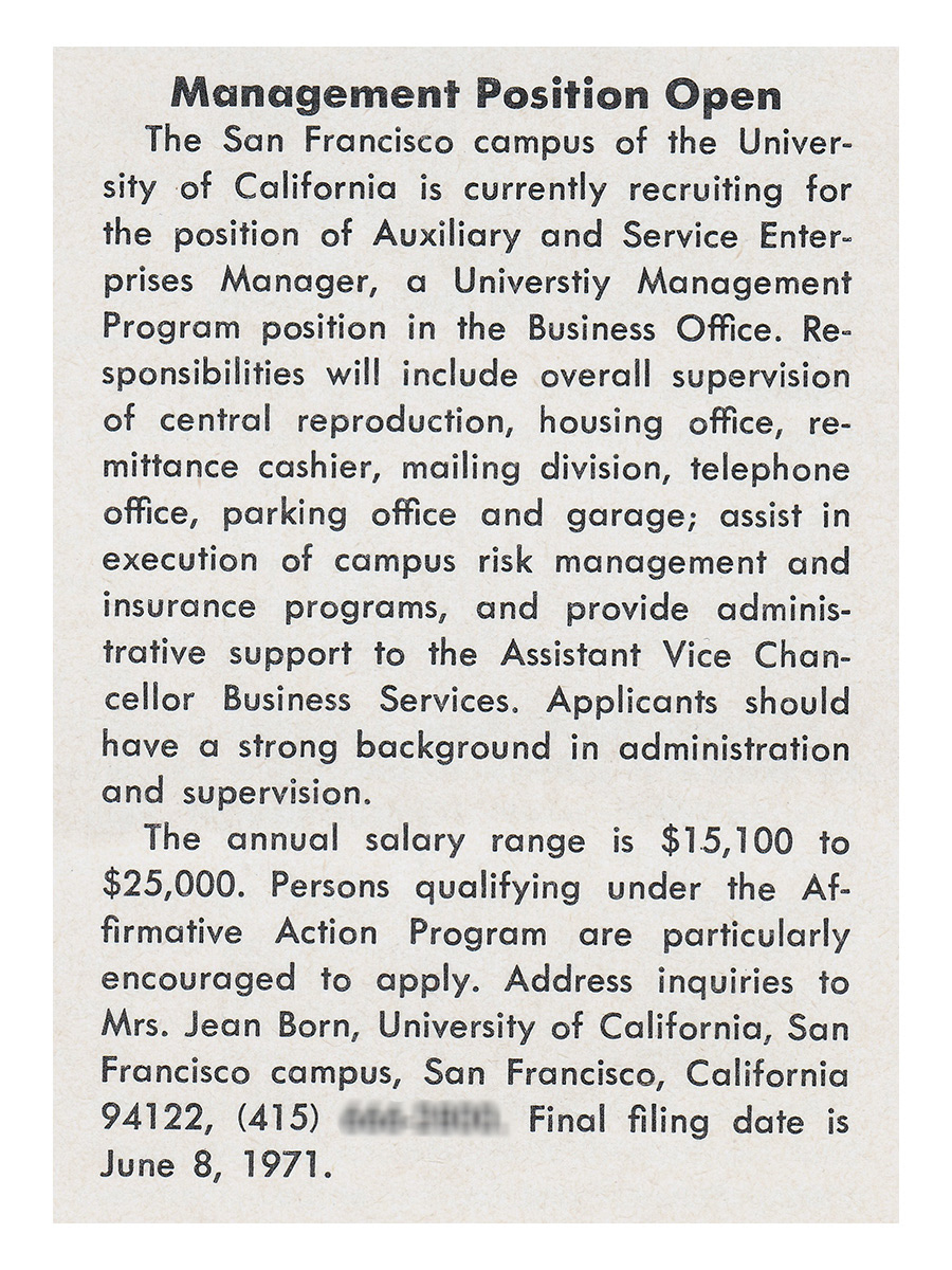 University Bulletin, May, 1971, management position ad Fred inquired to 