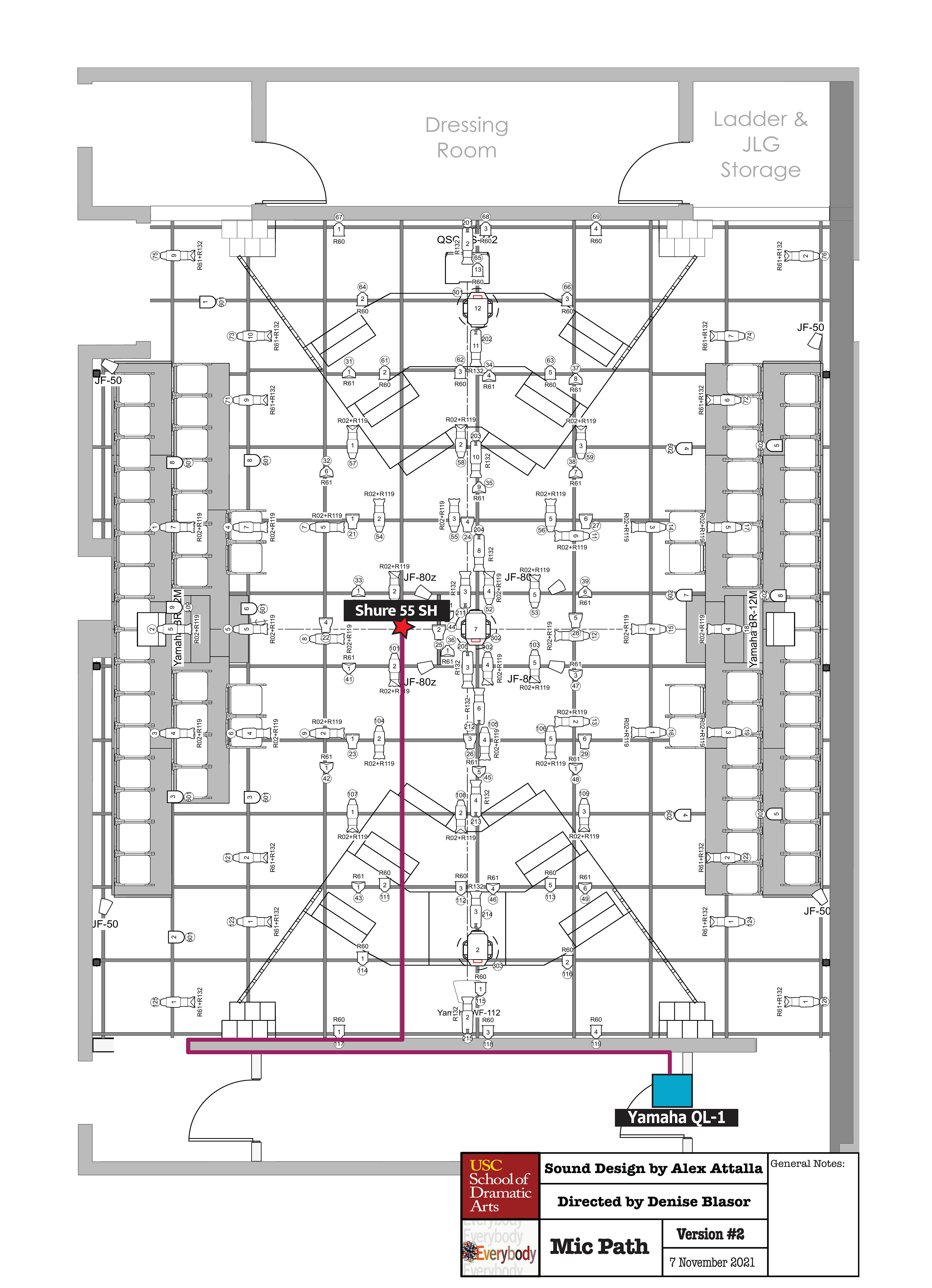 Mic path for a mic that was flown from the ceiling by a stage hand during God's opening monologue