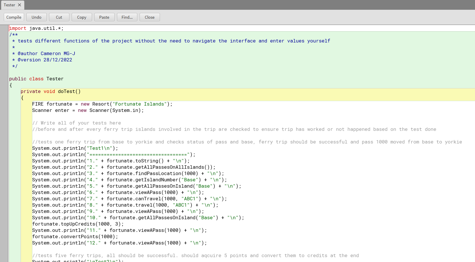 Tester class to test all aspects of the project