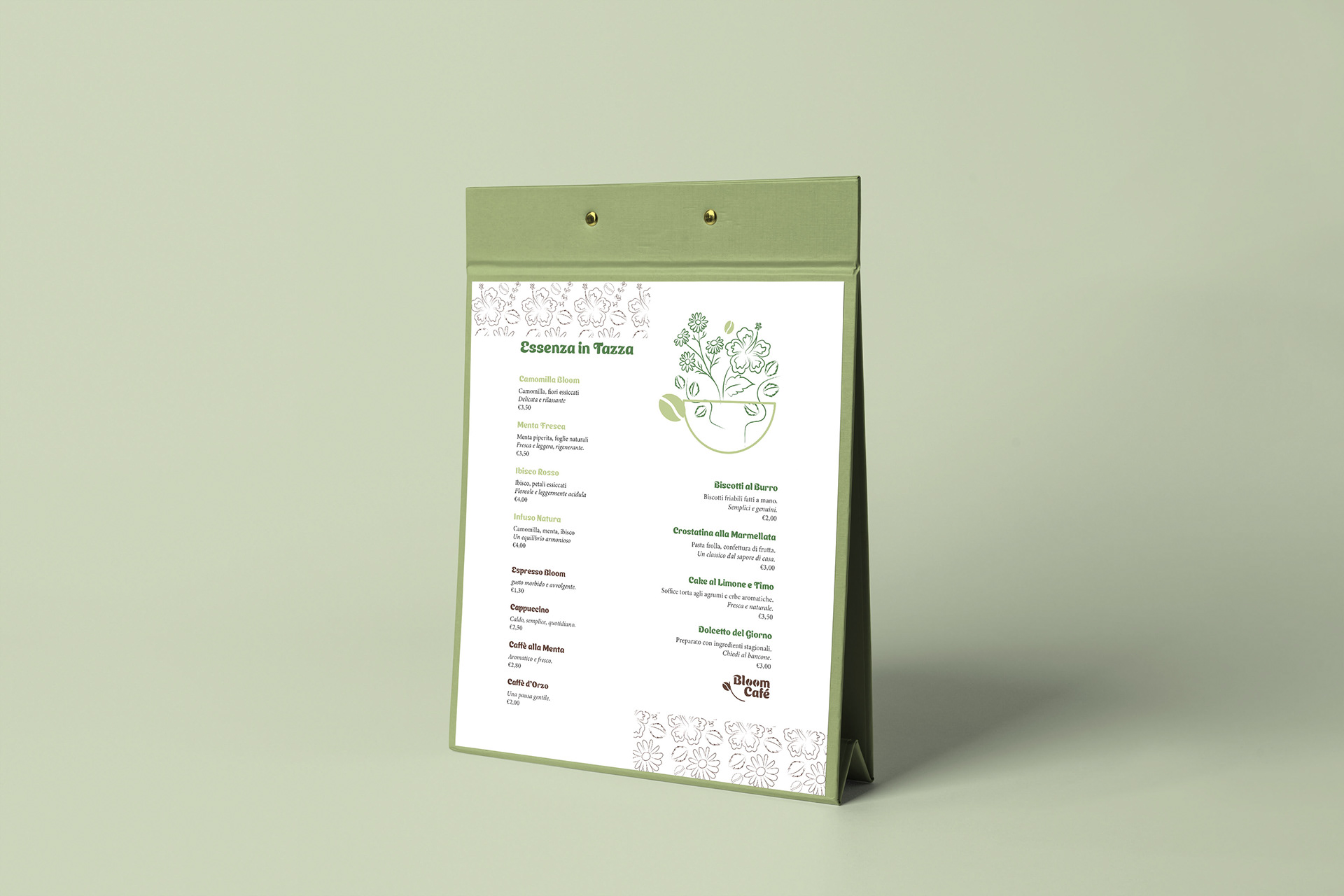Design Editoriale: Studio del menu coordinato. Un layout pulito che organizza l'offerta botanica con una gerarchia tipografica impeccabile.