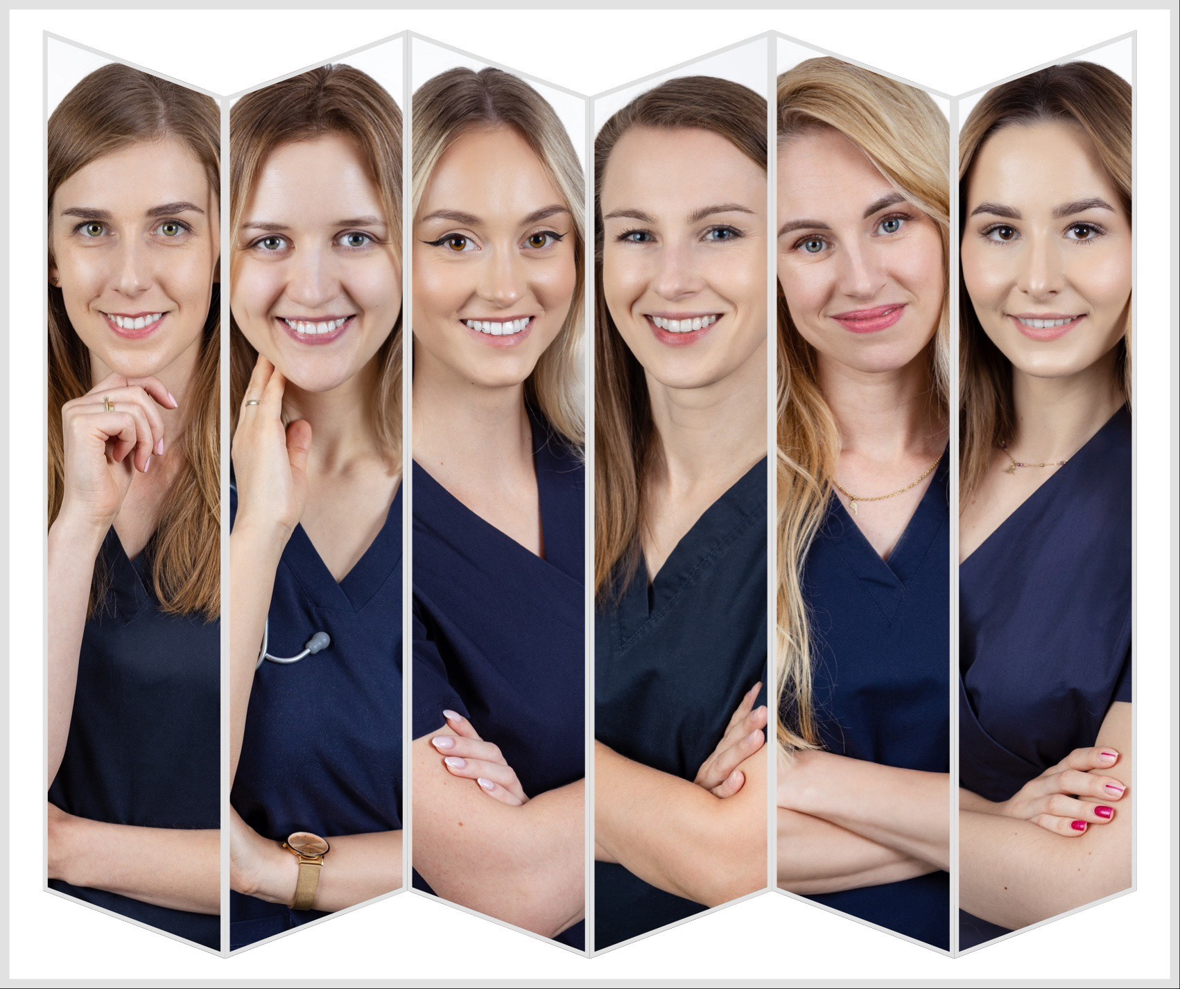 Sześć twarzy uśmiechniętych kobiet z branży medycznej ułożonych obok siebie w pozycjach biznesowych