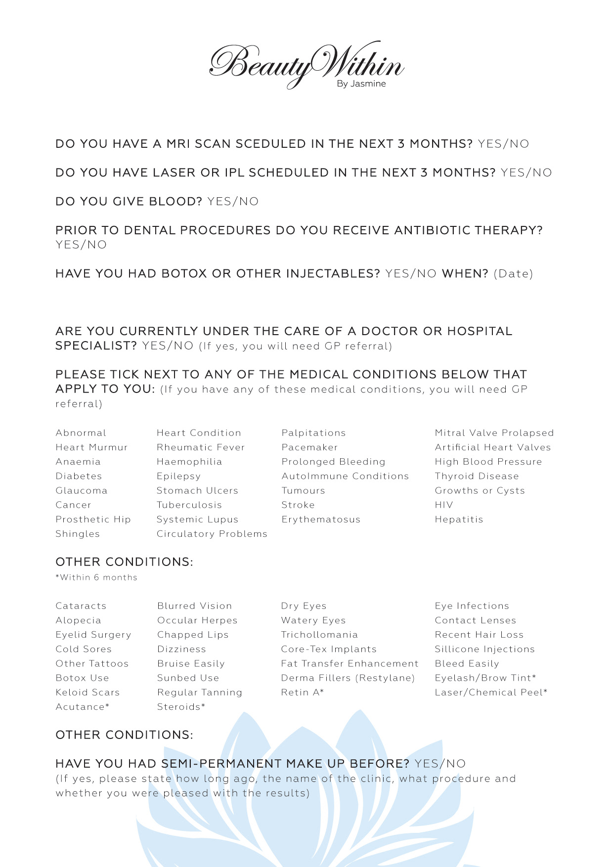 Beauty Within - Medical Form