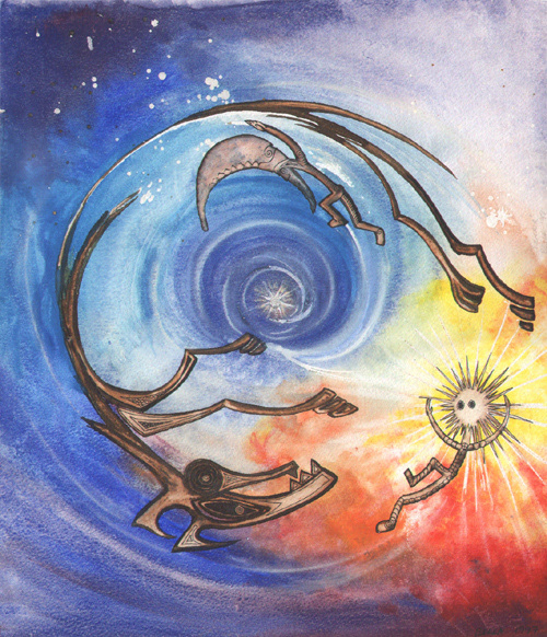 Norse folktale illustration 'Fenrir chases the moon and the sun'