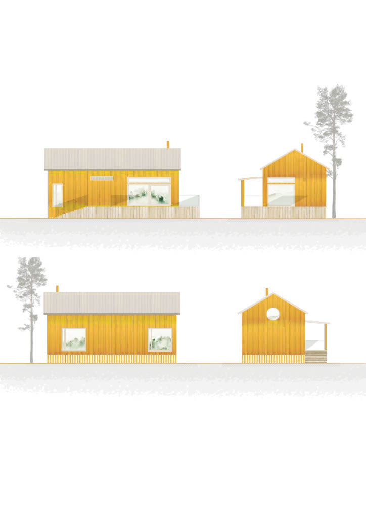 Elevation drawings of the 70 m² house model, yellow.