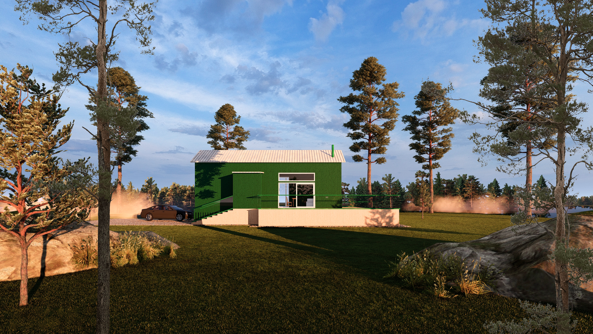 Perspective of a 50 m² house, green.