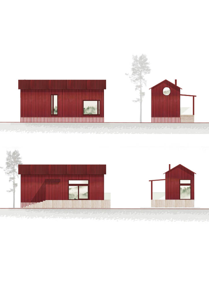 Elevation drawing of 50 m² house, red.