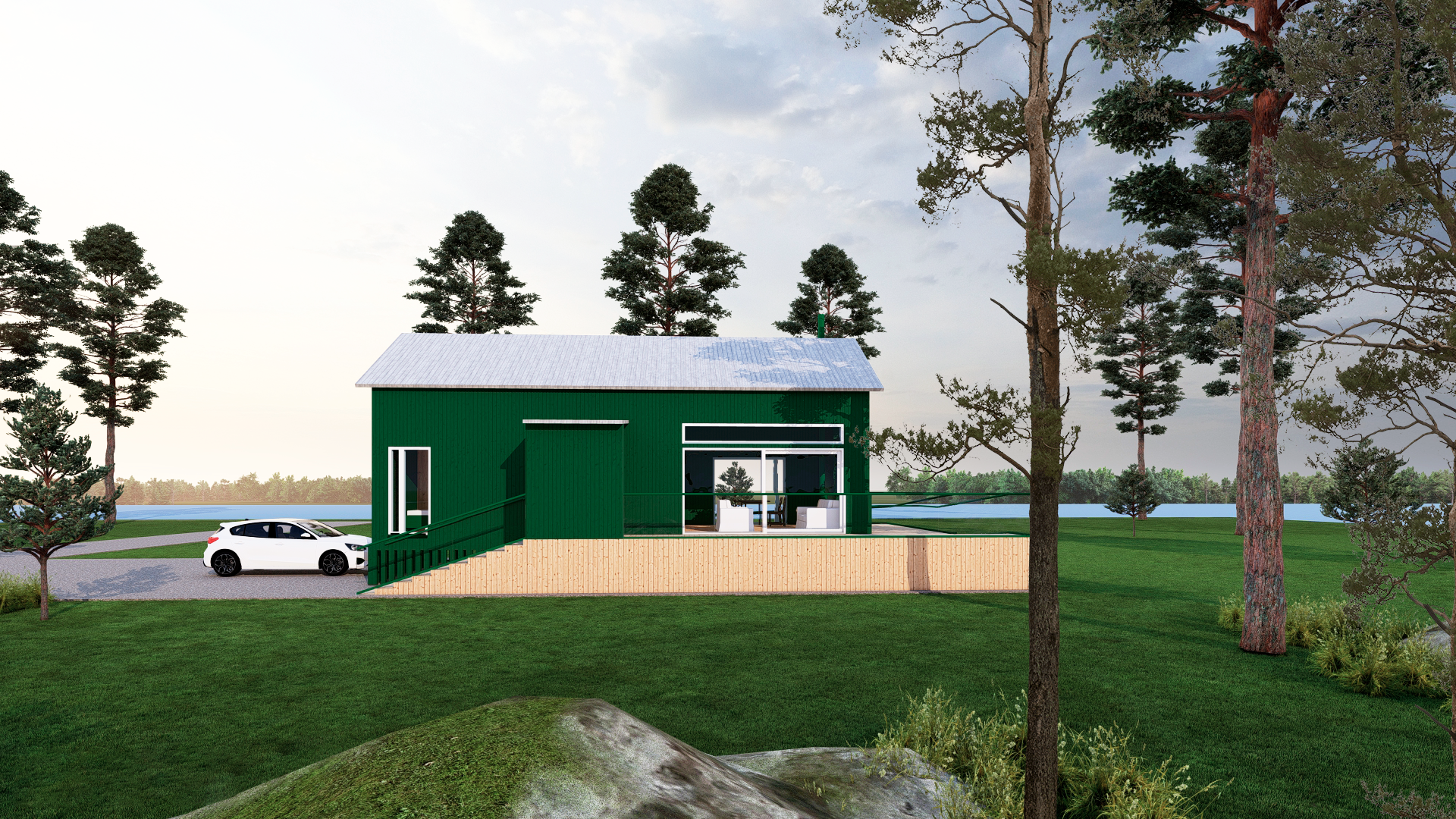 Perspective of a 70 m² house, green.