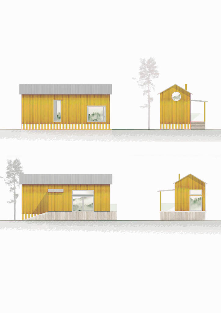Yellow elevation drawing of a 50 m² house.