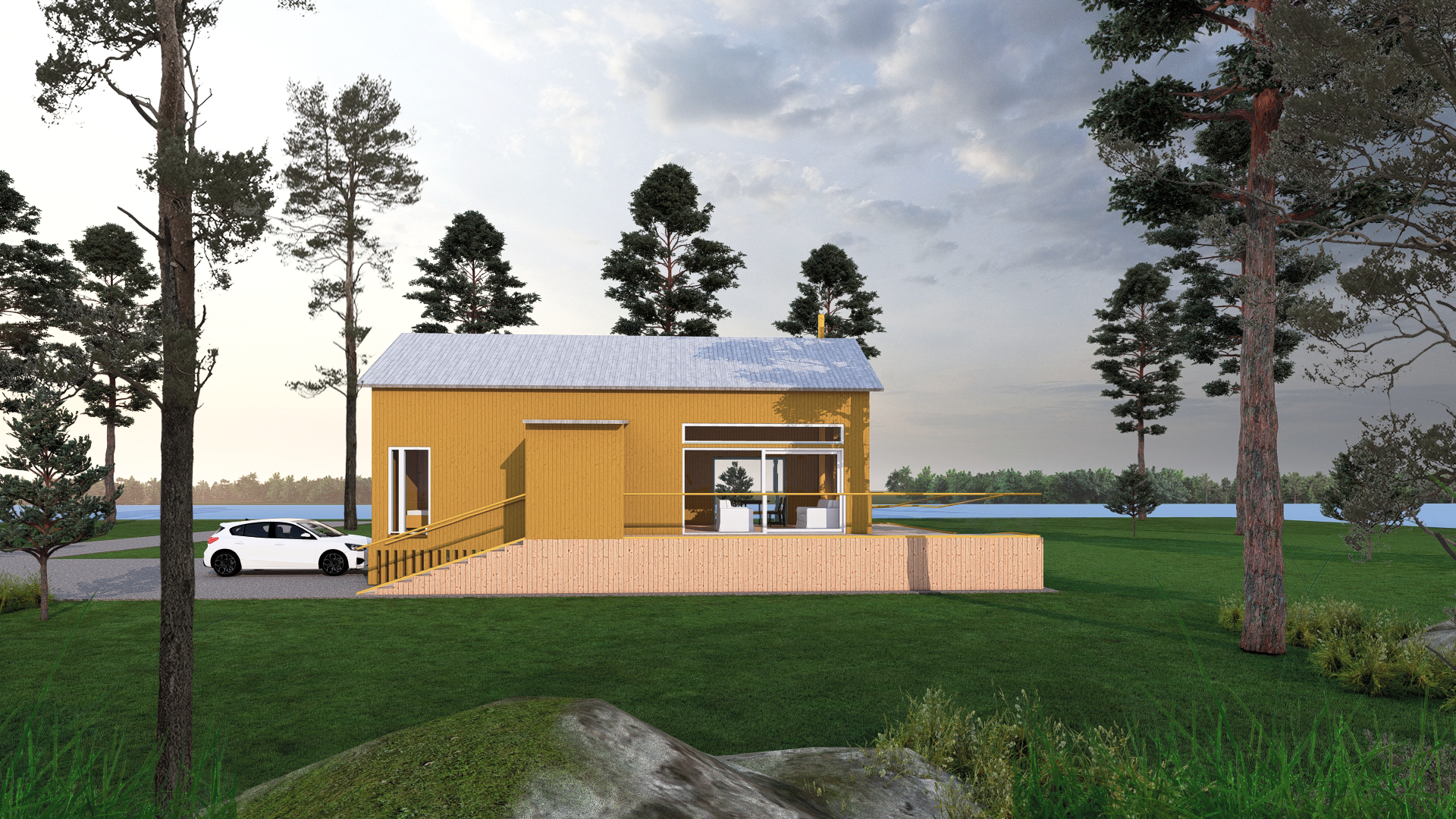 Perspective of a 70 m² house, yellow.