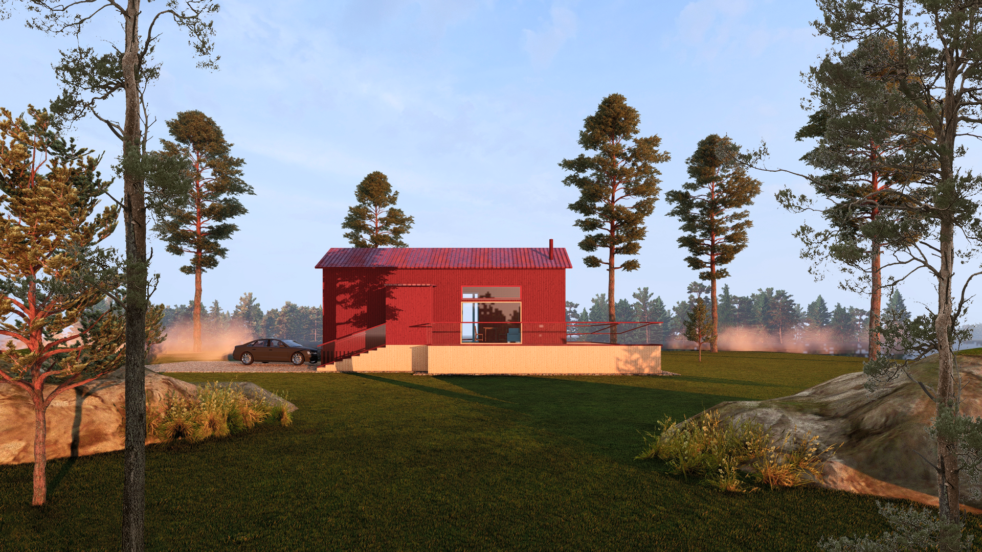 Perspective of a 50 m² house, red.