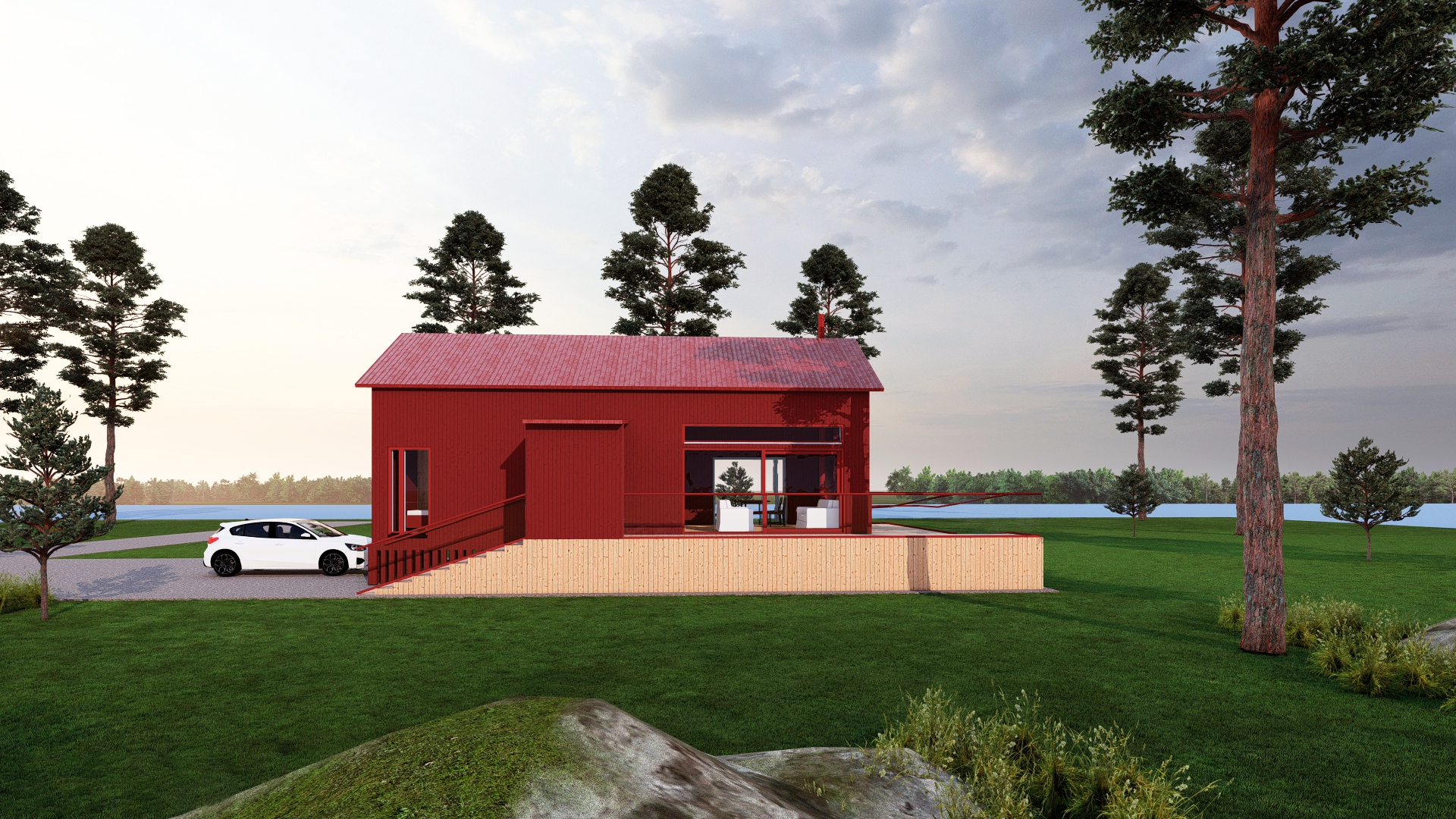 Perspective of a 70 m² house, red.