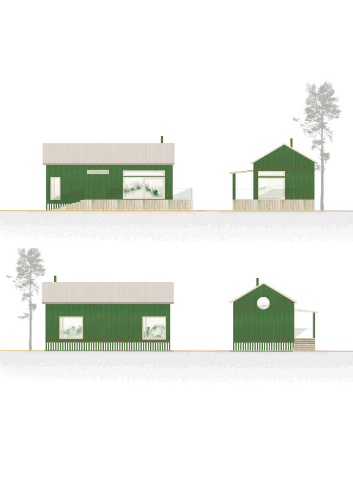 Elevation drawings of the 70 m² house model, green.
