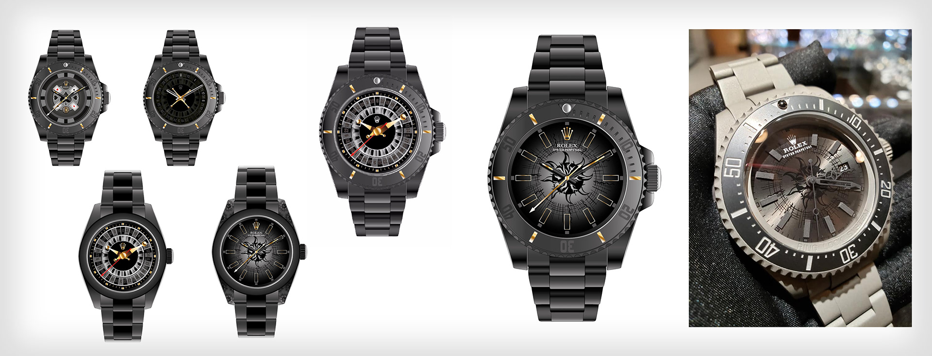 MAD, customisateur de montres haut de gamme m'a confié la conception de la collection Suncity : 15 montres ont été conçues, sur des modèles de base Rolex : Daytona, Milgauss et Deepsea.