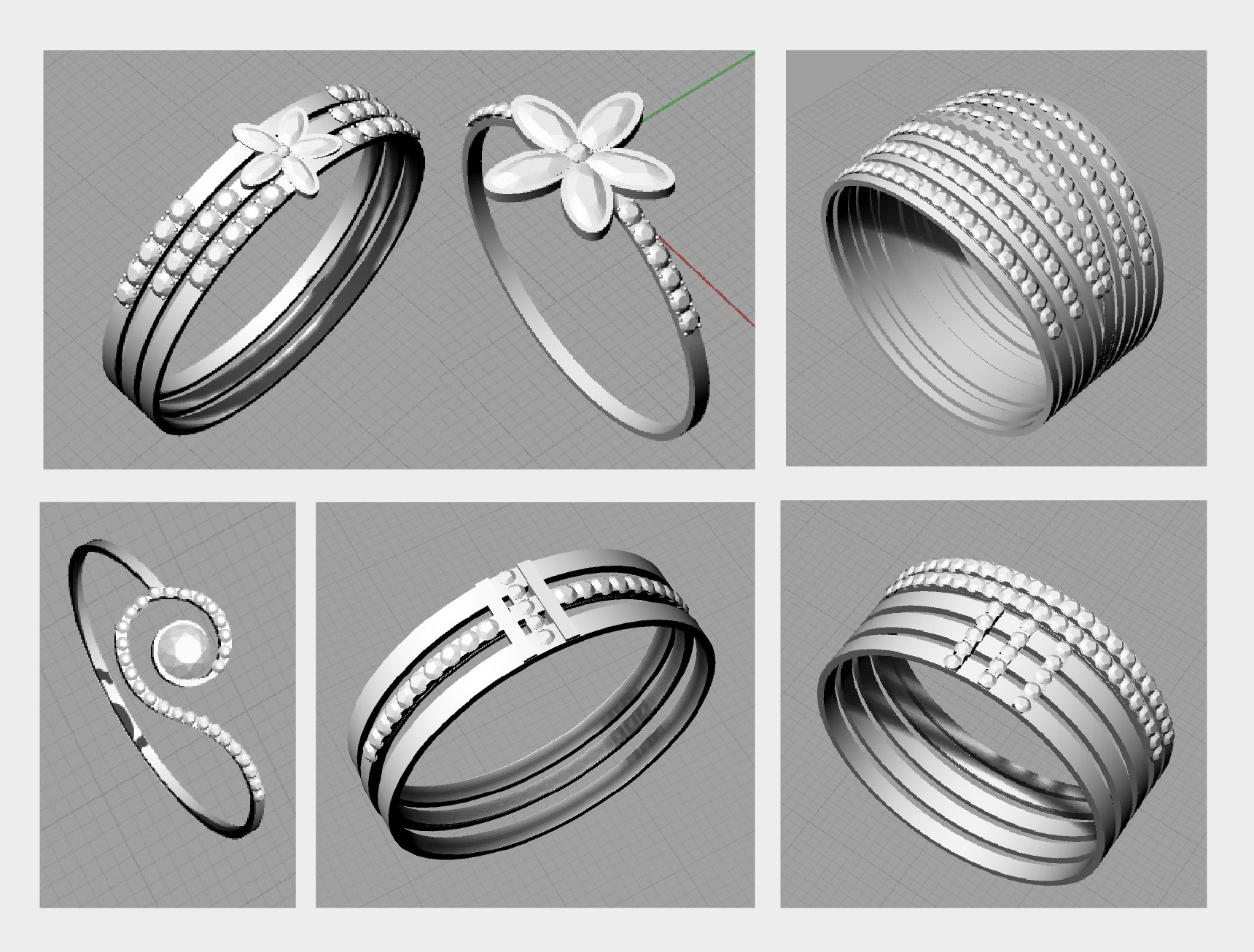 Parfois, je passe directement à la modélisation 3D : mission : concevoir des bijoux avec pavage diamants, réflechir à des manières différentes de paver les anneaux, il était aussi envisageable d’associer le pavage à un diamant plus gros.