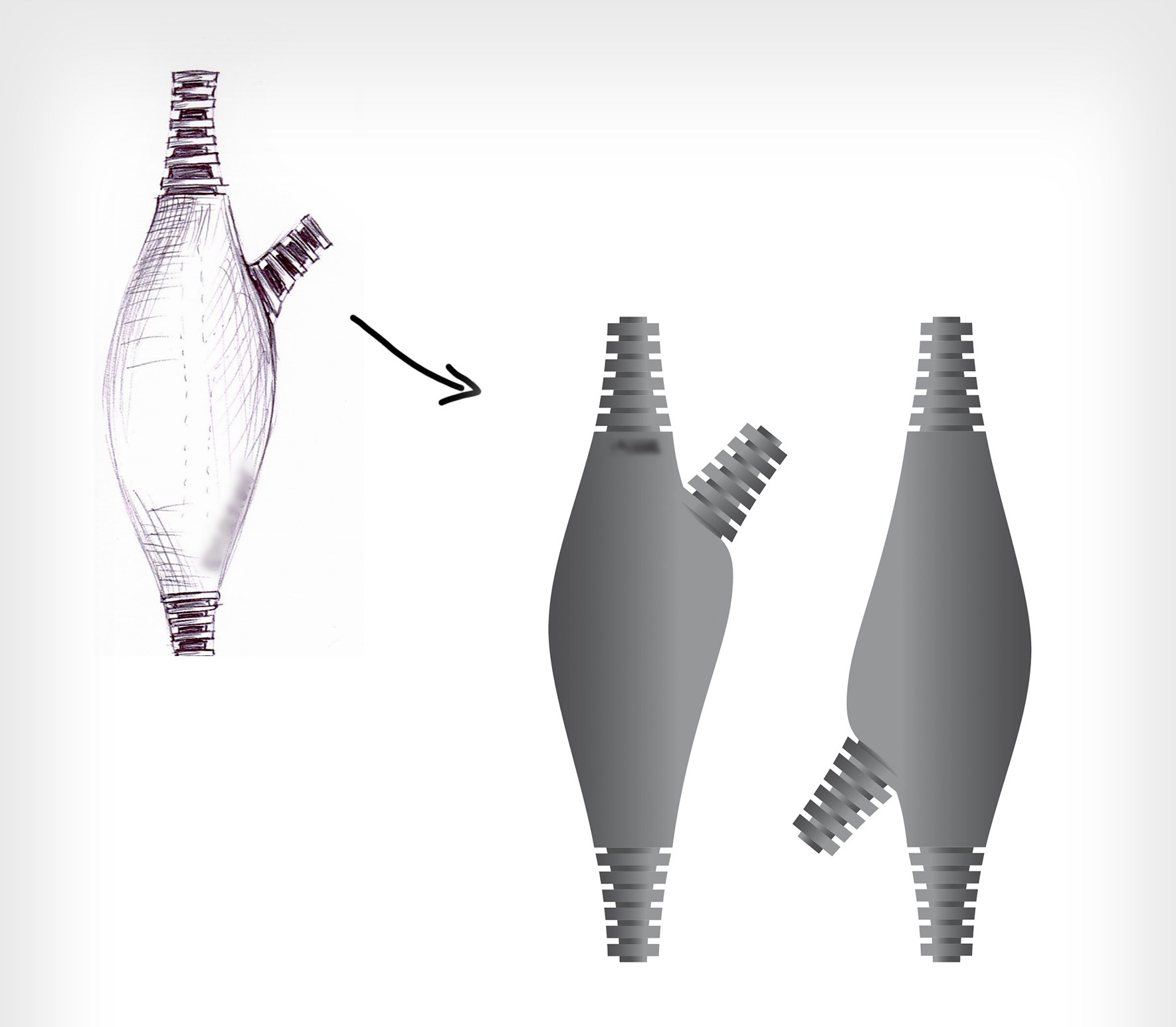 Dispositif médical, je réfléchis sur papier, je passe ensuite au dessin vectoriel, surtout que la demande était très précise. l'objet devait pouvoir être injecté dans 2 demi-moule de 9x10cm.
