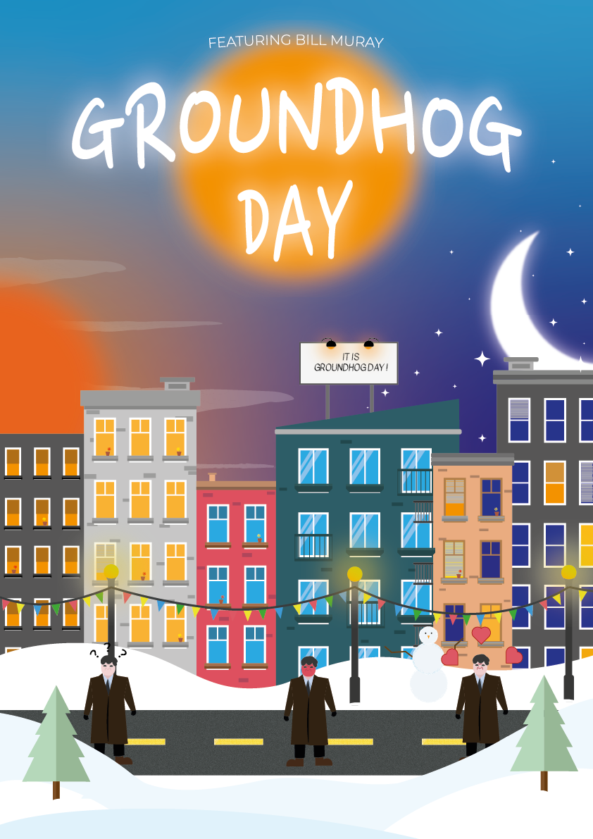 Film GroundHog Day // Mon idée : Représenter 3 périodes de la journée et l'avancé du personnage principale dans son aventure