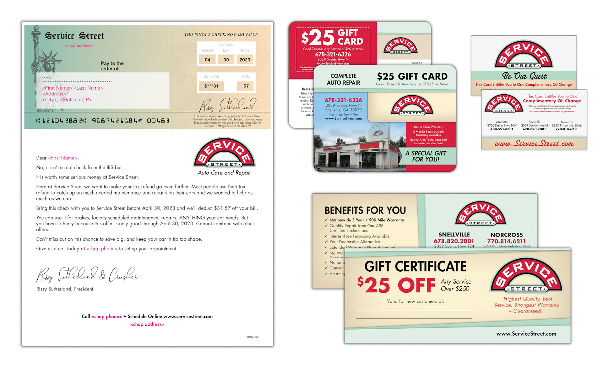 Additional direct mail and supporting collateral pieces created: Letter, Plastic Gift Card, Business Card, Gift Certificate