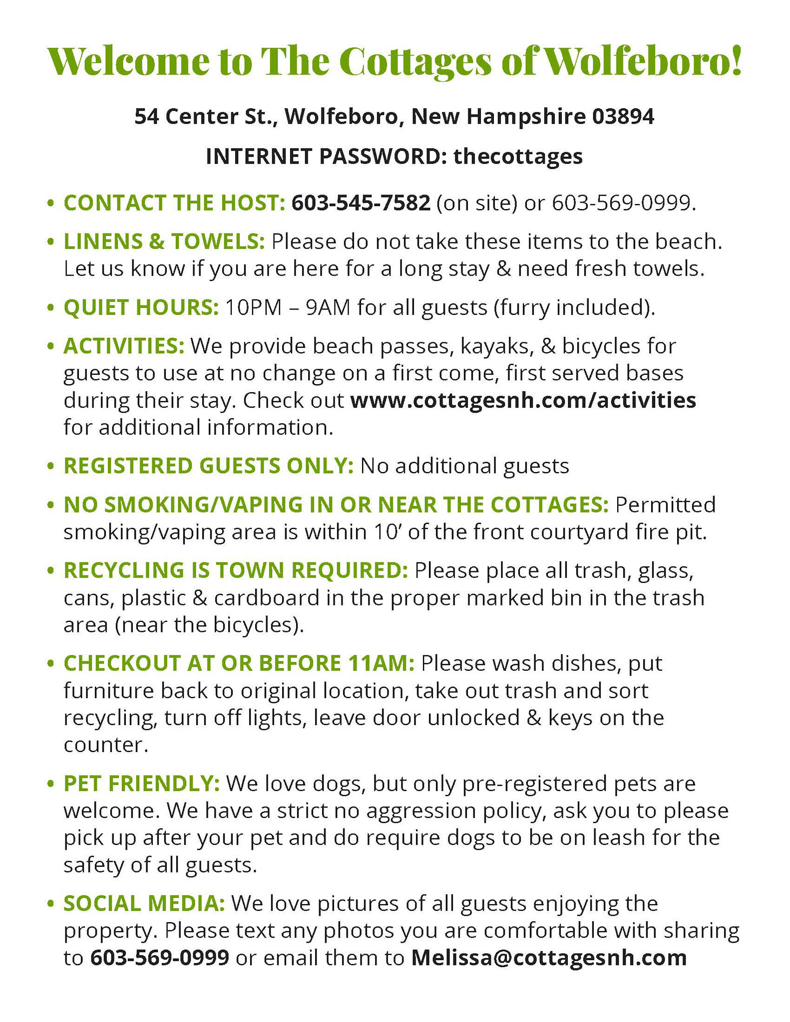 Updated information sheets that appear in each cottage.