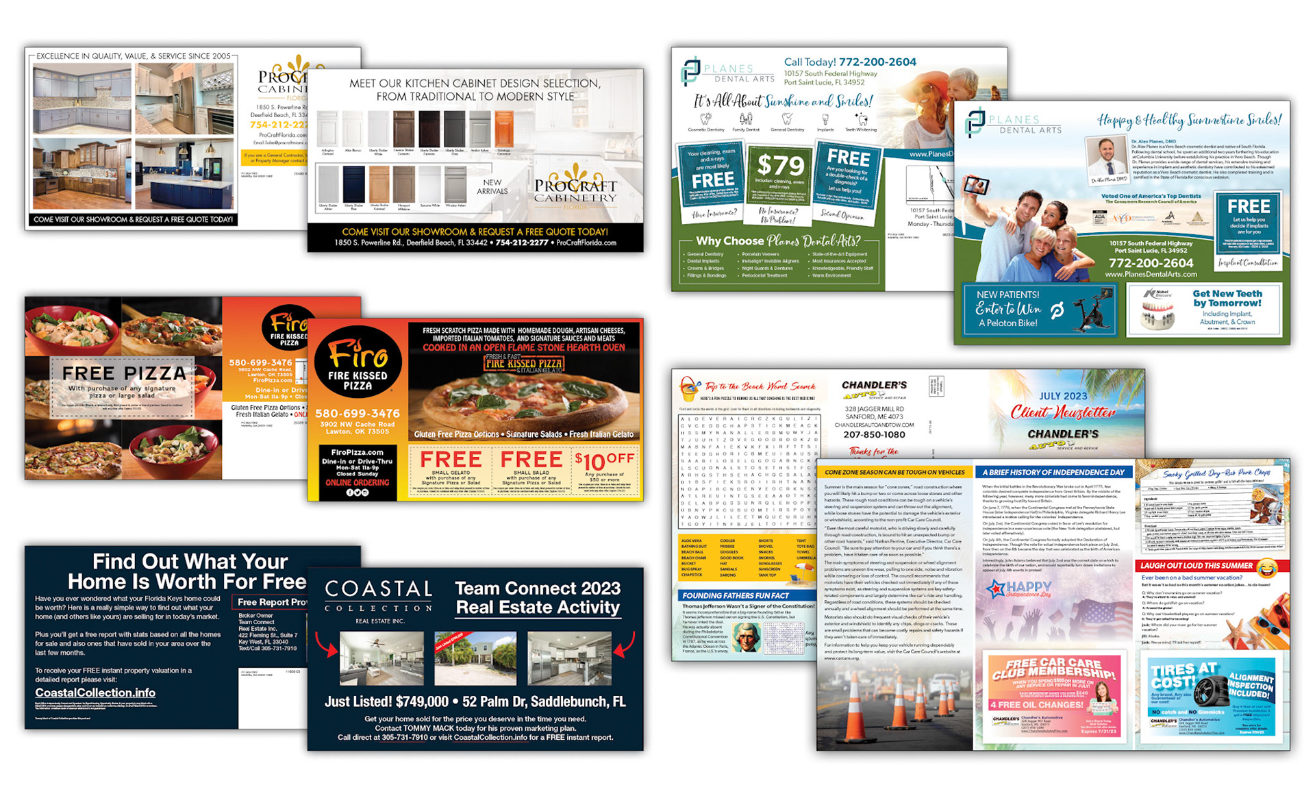 Various samples from other industries and postcard sizes.