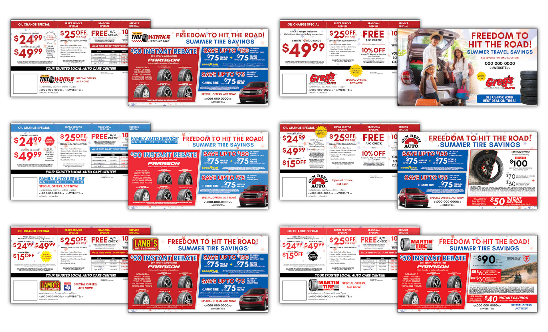 A sample of monthly postcard versions created for 30+ automotive brands. While the overall theme is the same, each brand has their own look as well as specials. These versions were then used to generate proofs for over 450 locations using InDesign’s Data Merge.