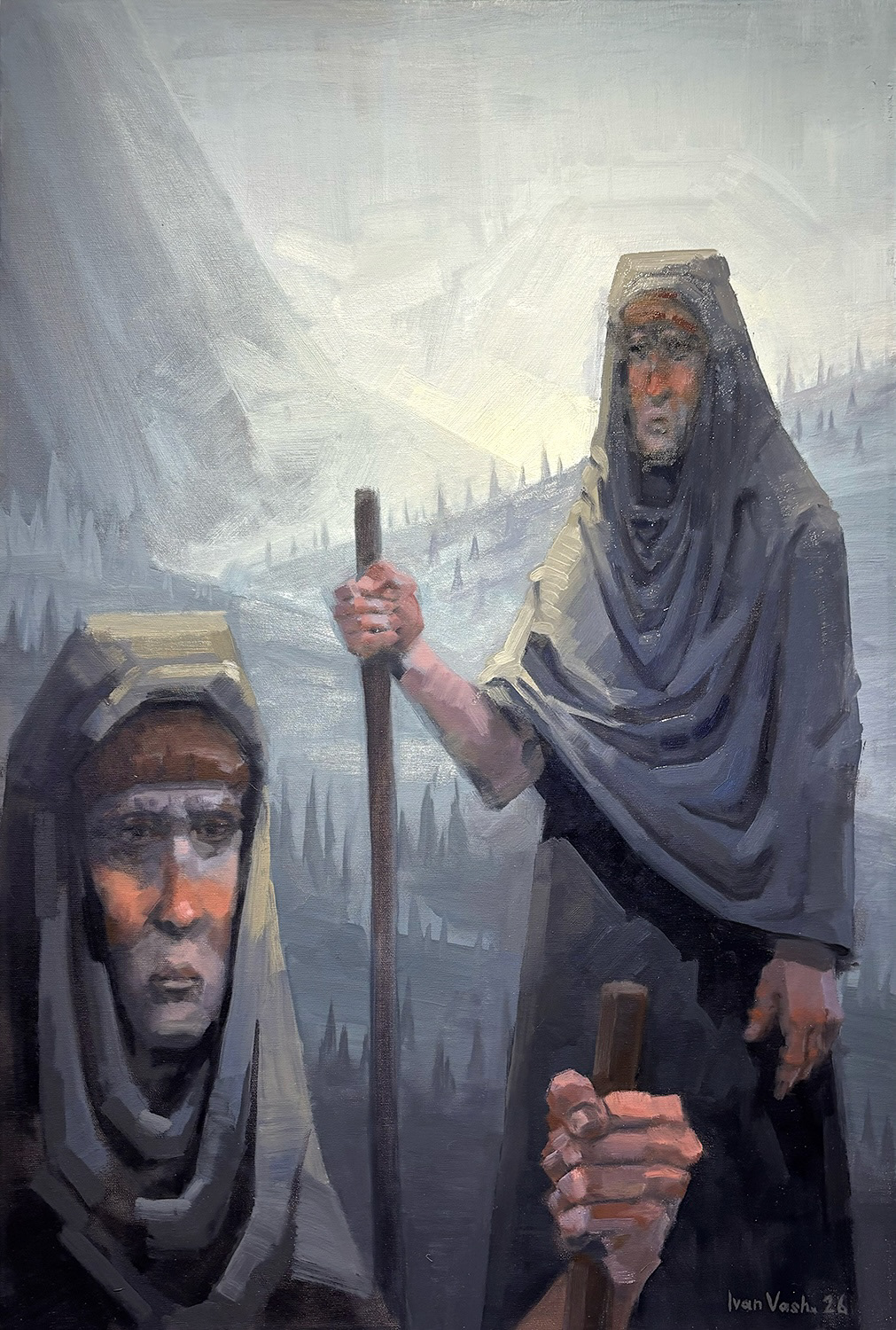 Monks, oil on canvas, 20 × 30 inch, 2026. ($500)