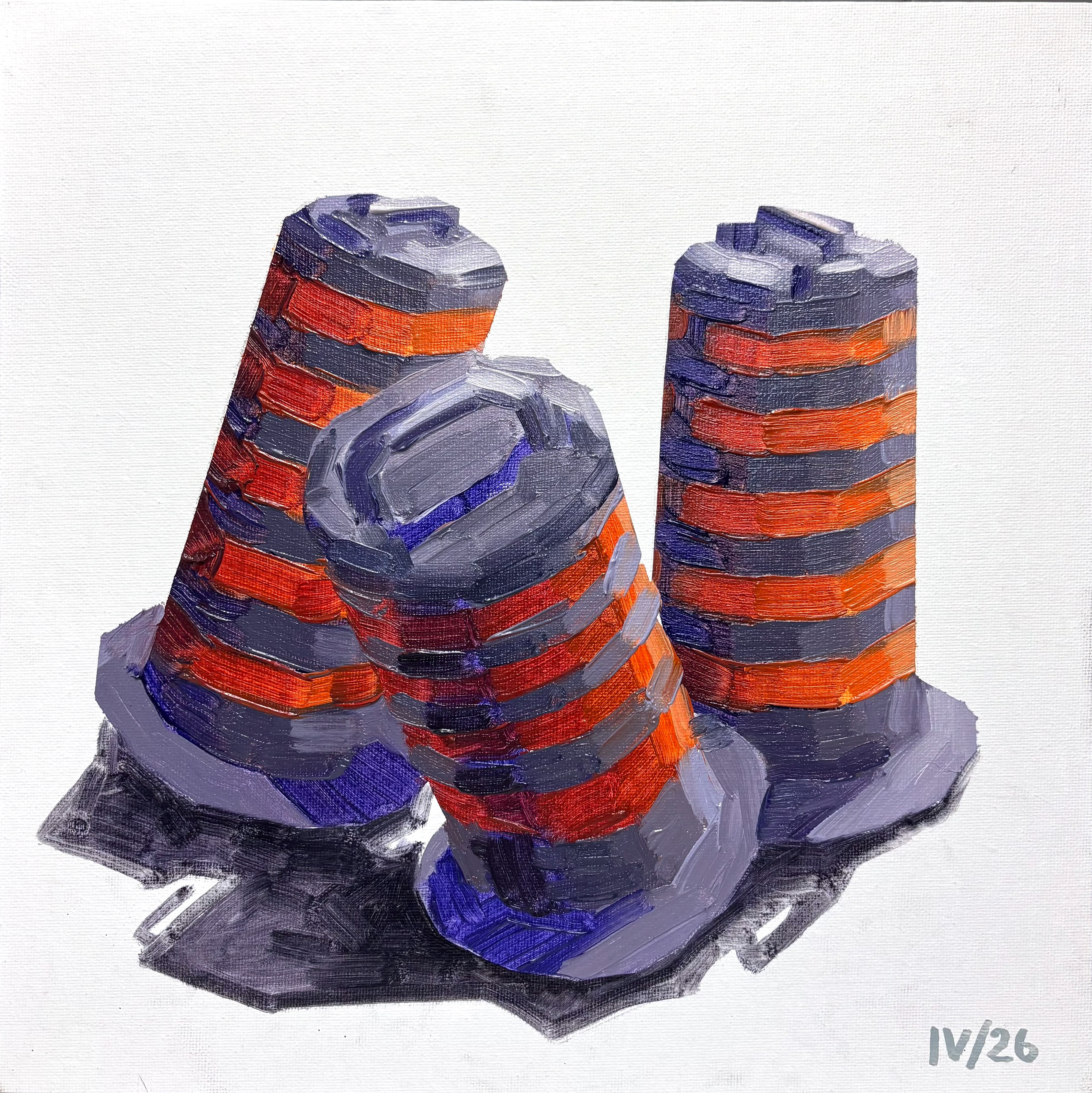 Construction Cones, oil on canvas, 10 × 10 inch, 2026. ($300)